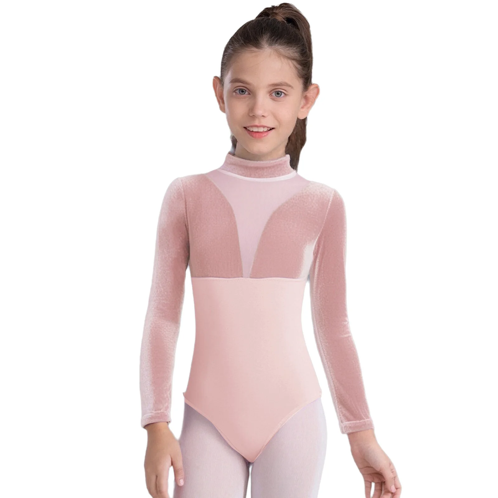 

Kids Girl Ballet Leotard Mock Neck Long Sleeves Back Invisible Zipper Velvet Mesh Patchwork Cotton Bodysuit Gymnastics Dancewear