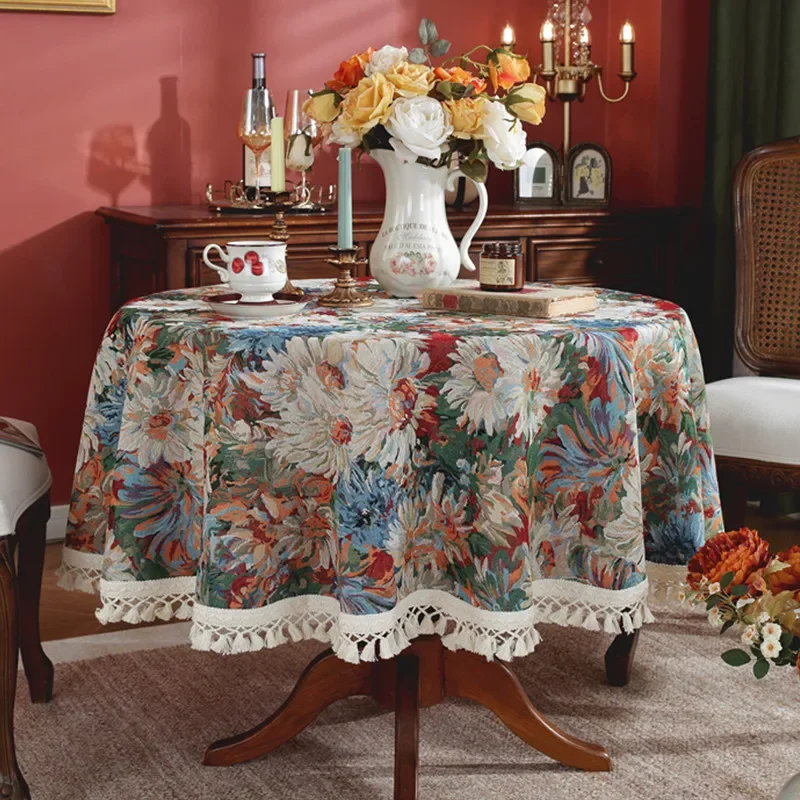 Table Cloth Round Painting Jacquard Retro Tablecloth Pastoral Style with Tassel Coffee Home Decorative Table Cover Diameter150cm