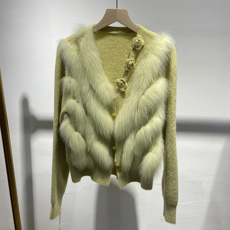 

2025 Hollowed-out Neckline Real Fox Fur Sweater White Real Fur Lovely Flower Knitted Jacket Wear