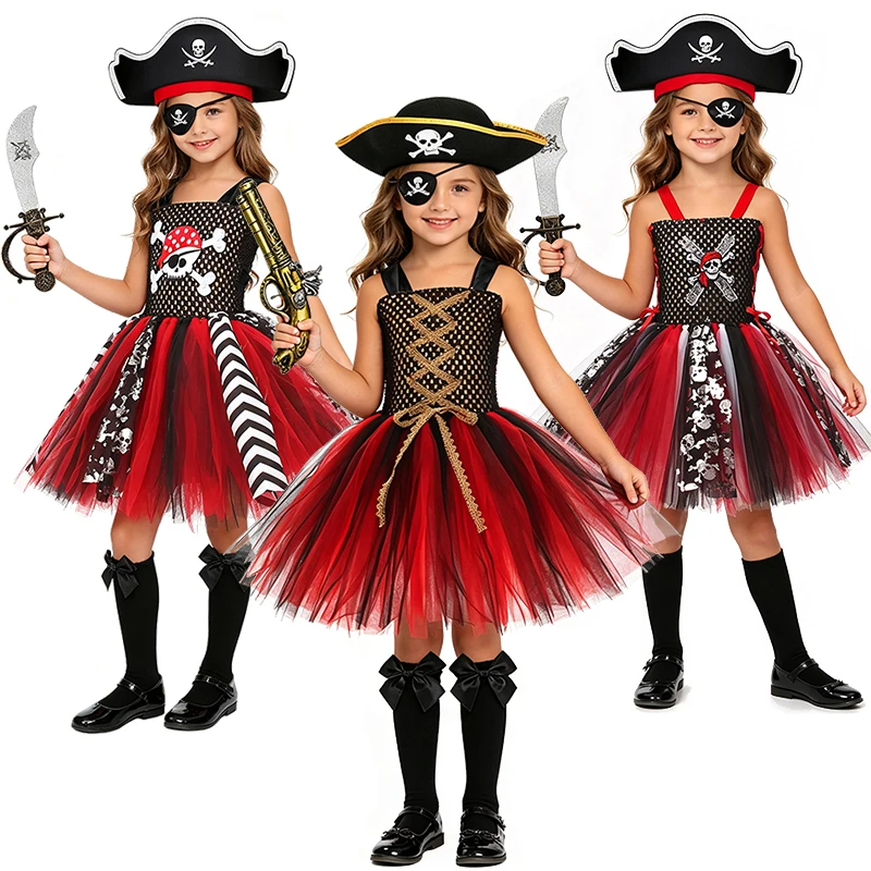 Girls Pirate Captain Princess Dress Fluffy Tutu Kids Ball Gown Halloween Cosplay Party Masquerade Performance Children's Costume