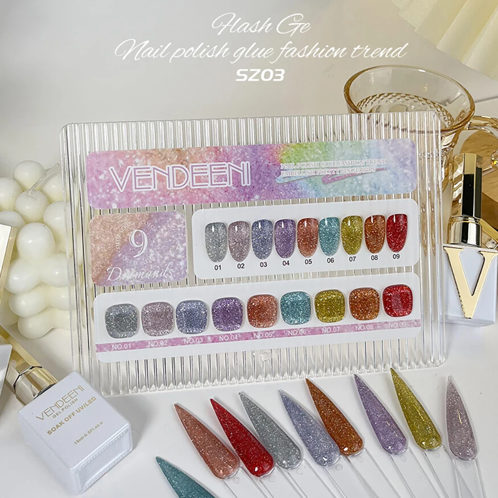 Vendeeni 9 Farben Transluzenter Diamant-Gel-Nagellack Glitzer UV LED Soak-Off Gel-Lack Flash Nail Art Gel-Lack 15ml – Detail 1