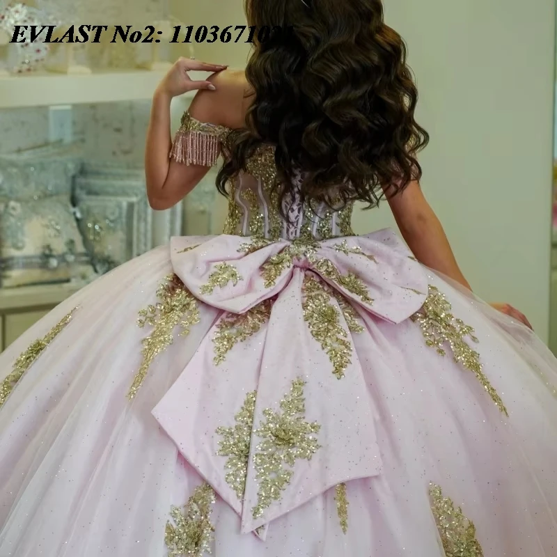 EVLAST personnalisé princesse rose Quinceanera robe robe De bal or dentelle appliques perles arc doux 16 robes De 15 Anos E2Q20