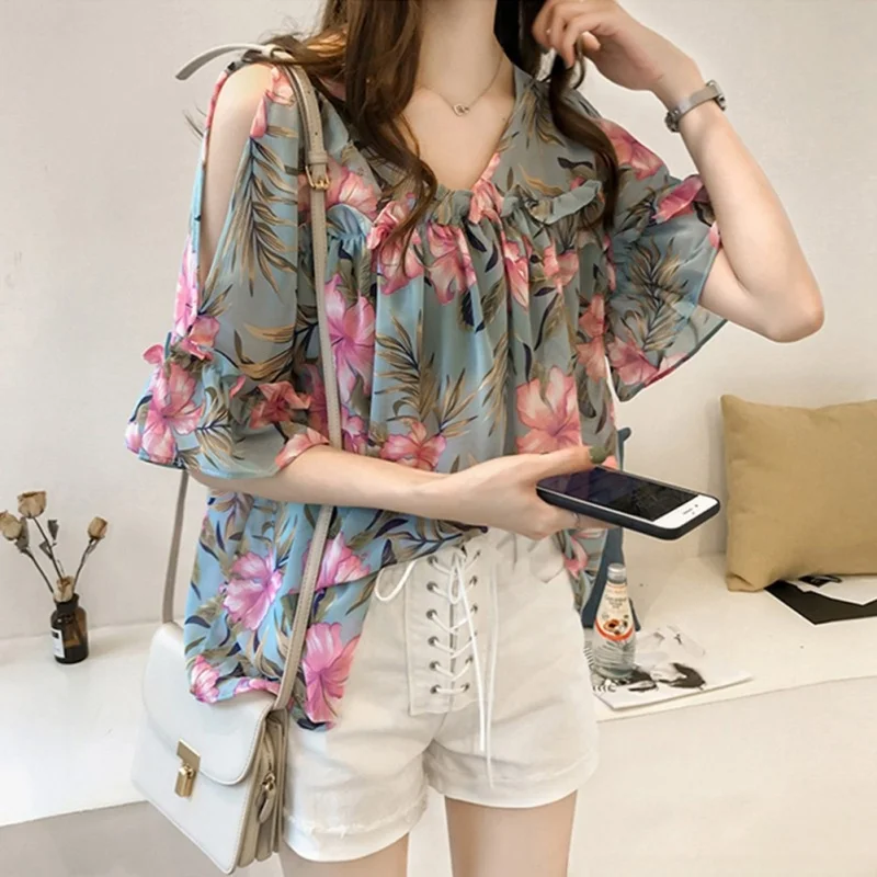 

Loose ort Sve Floral Chiffon irt Women's Sweet Sle Polyester Blend Summer Faion Casual V-Ne Mid-Length irt