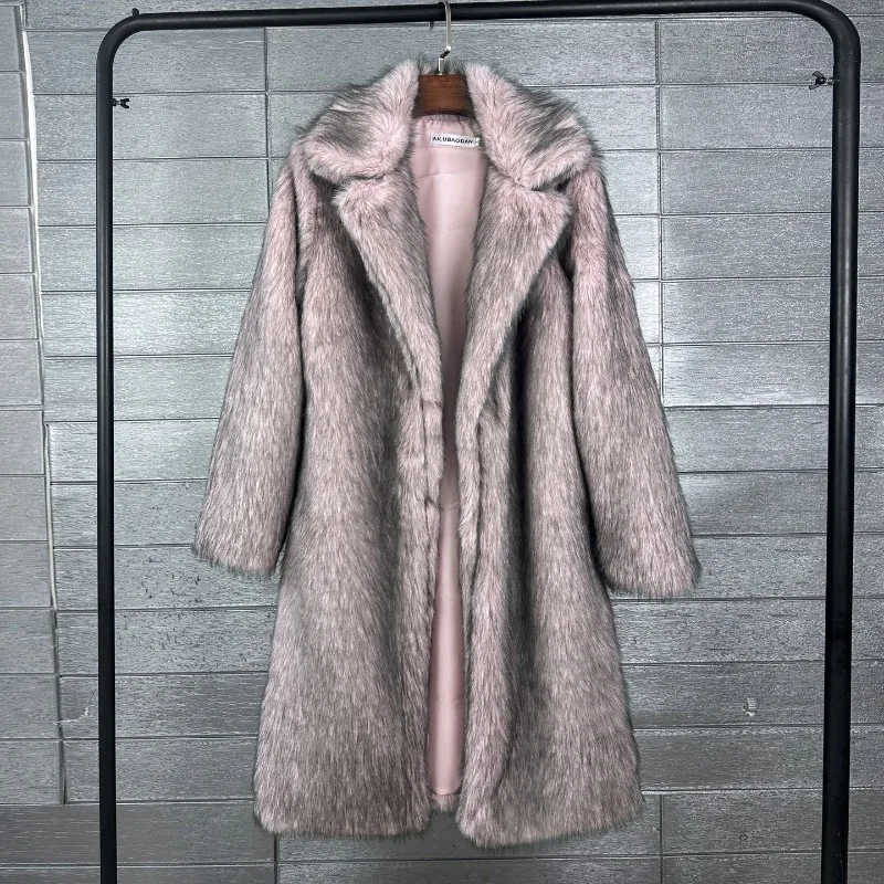 Women Solid Color Mid-Length Faux Fox Fur Coat Toka Texture Lapel Collar Open Front Long Sleeve Thick Outerwear Fashion