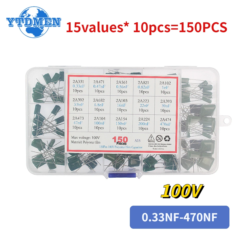 

150PCS 15 Value Polyester Film Capacitor 100V 1nF 3.9nf 47nf 100nF 2A471J 2A102J 2A392J 2A103J 2A473J 2A104J 10NF Capacitors Kit