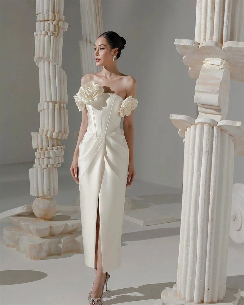 

Exquisite One-shoulder Sheath Cocktail Flowers Fold Satin Occasion Evening Gown prom dresses luxury gown