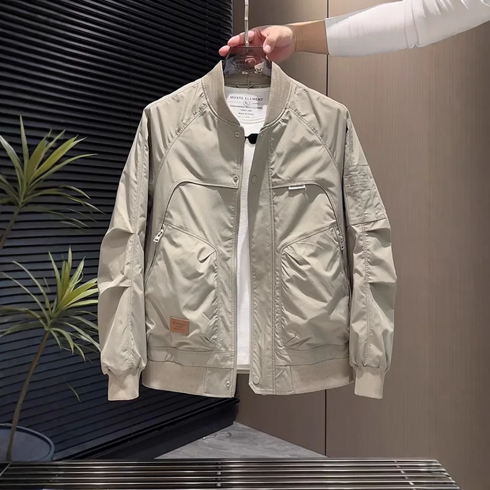 Autumn Winter Men's Zipper Slim Fit Bomber Baseball Jacket Casual Stand Collar Workwear Cardigan Solid Coat Outerwear