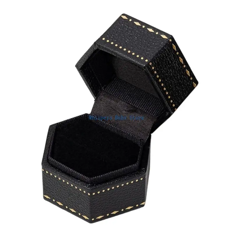 U90E Ring Presentation Case with Interior Slot, Hexagonal Form, Black Interior, and Gold-Tone Pattern for Gifting and Display
