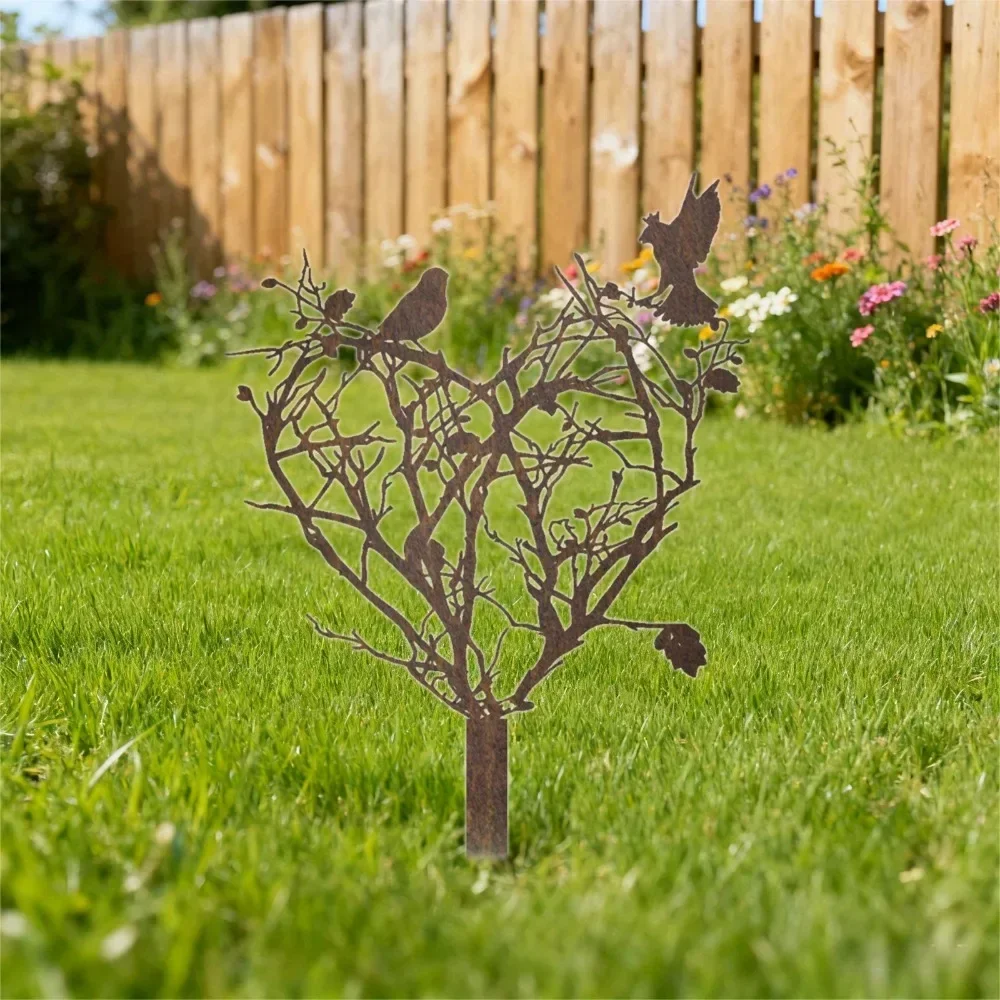[2D Flat] Rustic Heart Tree Bird Metal Garden Stake Ground Spike Vintage Lawn Ornaments Farmhouse Patio Outdoor Decor