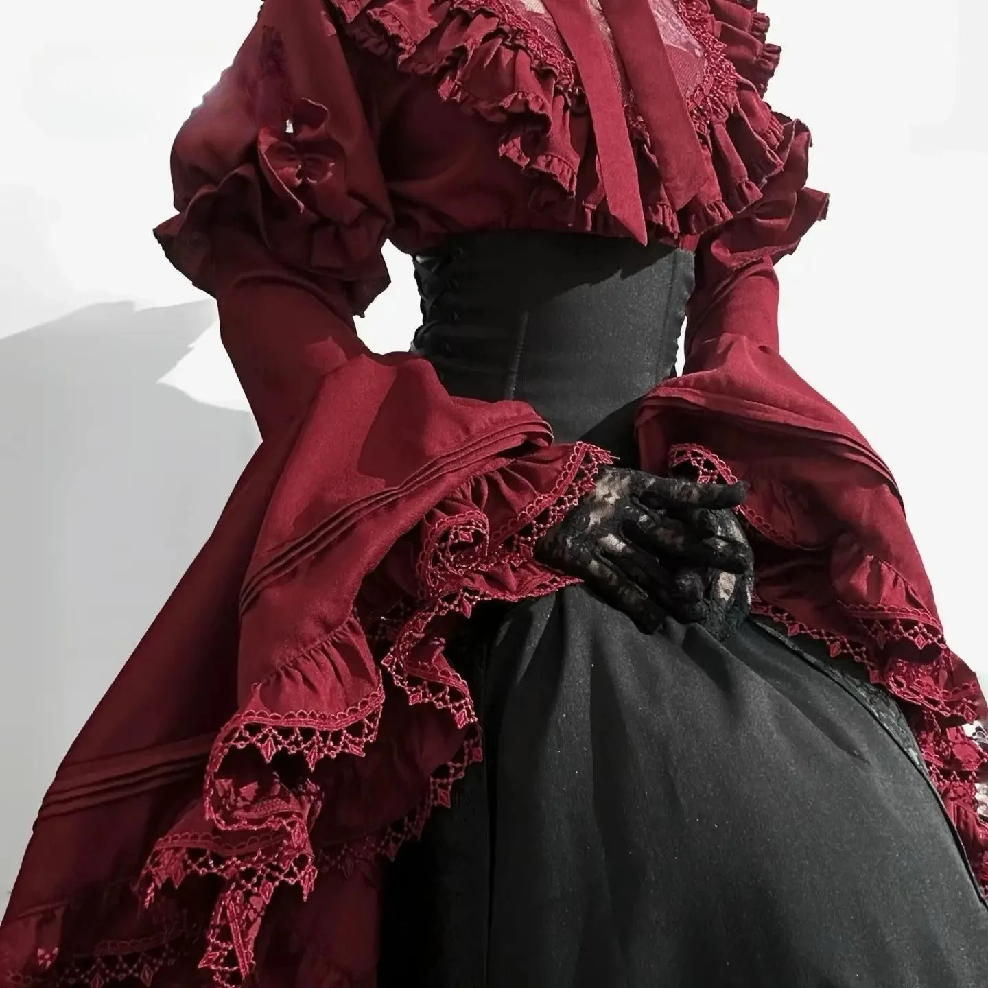 قميص قوطي Y2k توب لوليتا بنات مظلة كشكش تنورة عالية الخصر المتضخم تنورة طويلة القرن كم طويل طالب بلوزة أنيقة