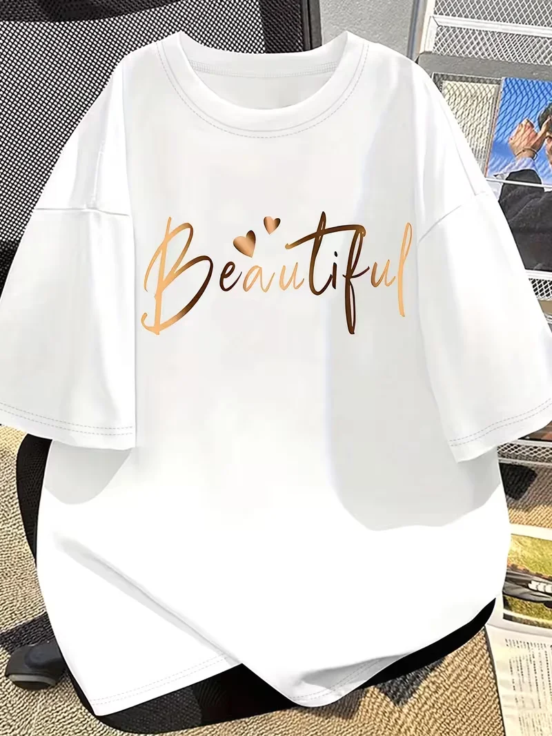Women's Oversized T-shirt Beautiful Letter Heart Gold Foil Print Casual Short Sleeve Sweet Streetwear Tops，Round Neck