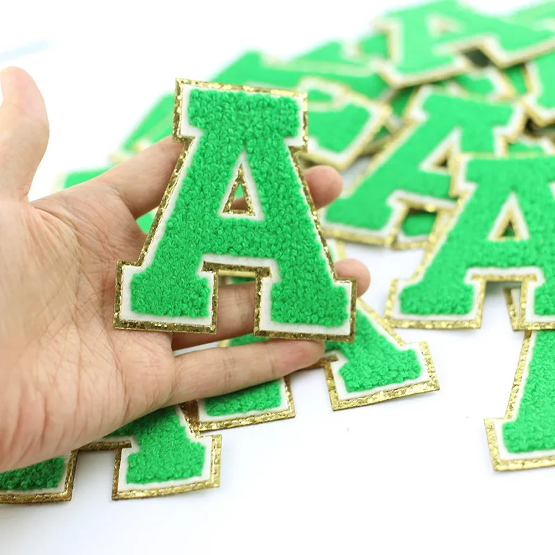 Letter A Christmas Green Towel Embroidered Patches Chenille Gold Glitter Cloth Sticker Gritt Alphabet Clothing DIY Accessory 8cm