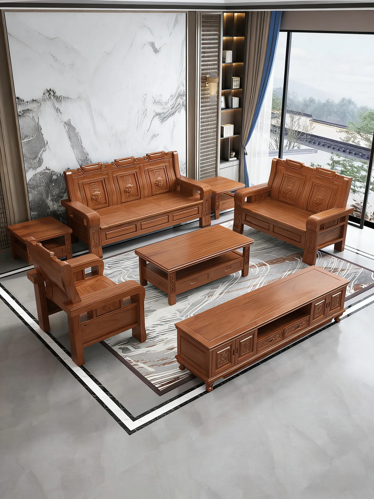 HT  [Lucky for wealth and treasure] Chinese rosewood antique carved solid wood sofa combination rural winter and summer dual-use
