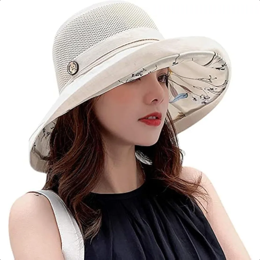 

Summer Mesh Sun Hats for Women UV Protection Wide Brim Packable Beach Bucket Hat