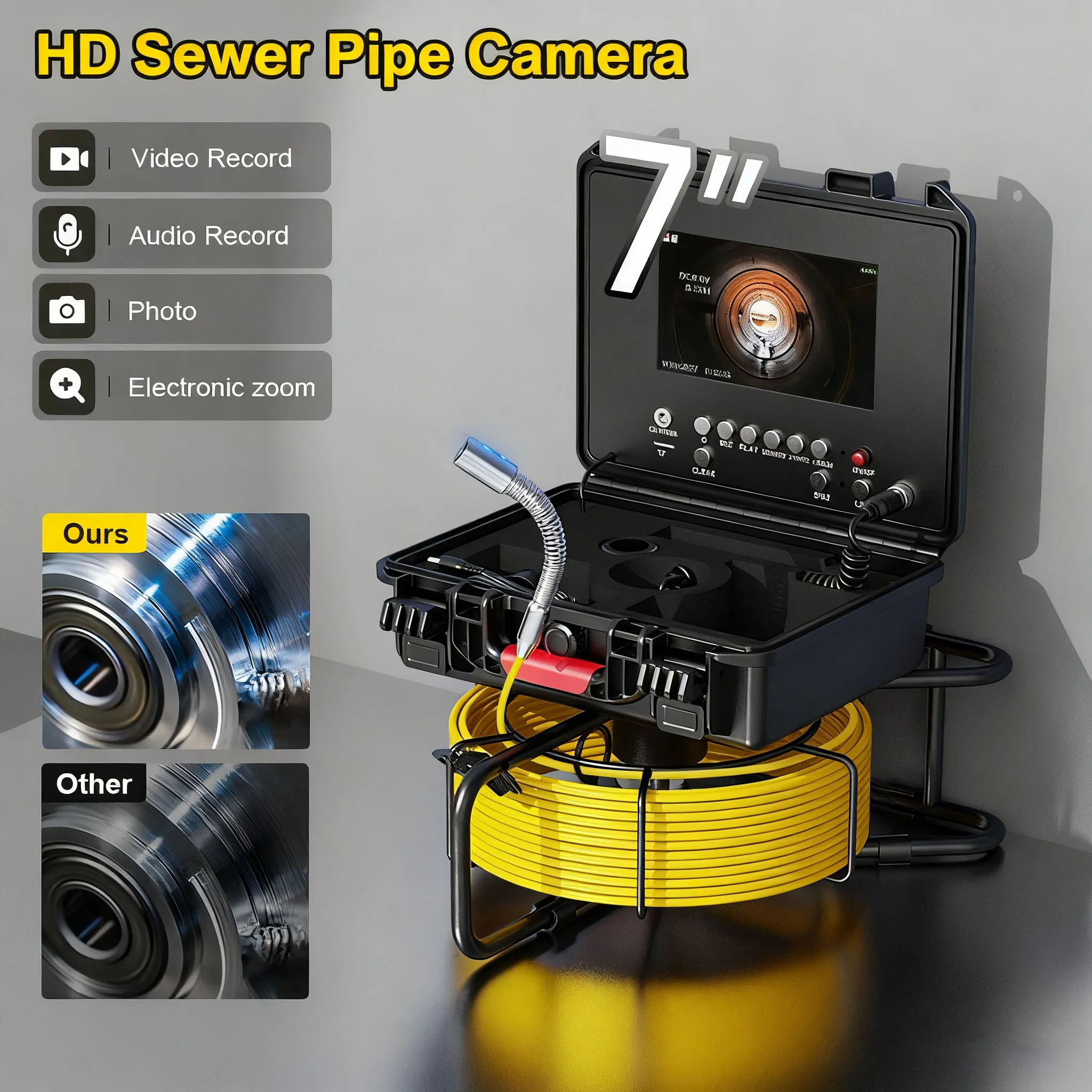 

Ultra - Portable 7" IPS Screen Sewer Inspection Camera with 512Hz Transmitter & Receiver 5MM Fiberglass Cable Auto Leveling