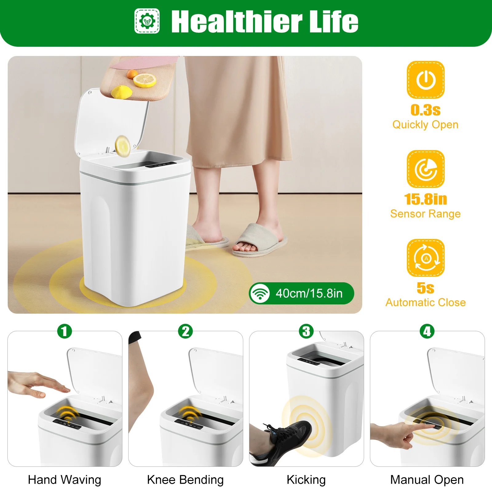 16L Automatic Trash Can Smart Bathroom Bagging Electronic Trash Can Touchless Sensor Garbage Bin