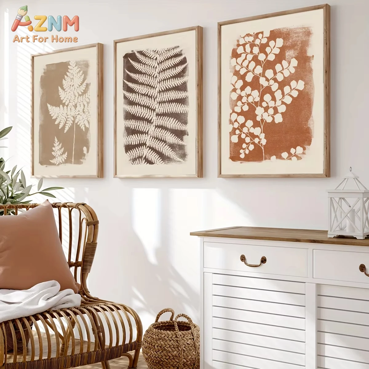 3PCS Unframed Boho Abstract Fern Canvas Prints, Neutral Minimalist Warm Tones Wall Art Posters, Creative Home Decor Gifts