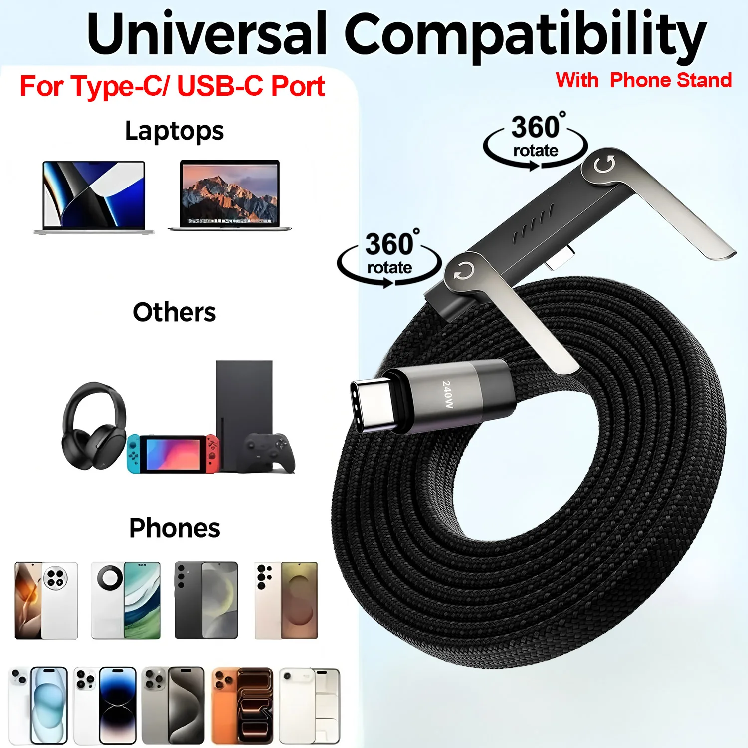 Cabo de Dados Dobrável 2 em 1 com Suporte, Carregamento Rápido de 240W, Cabo Carregador Tipo-C para Tipo-C com Suporte para Celular para Tablets e Smartphones