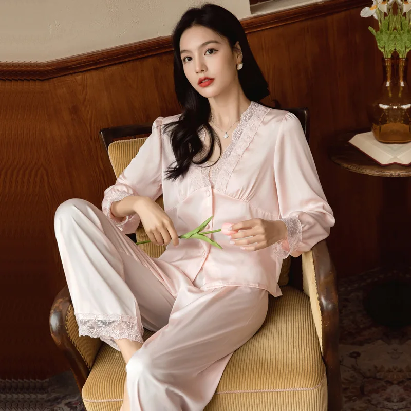 

Women's Spring and Autumn Ice Silk Lightweight Silky Long Sleeve Pajama Set Sexy Home Loungewear Minimalist and Casual
