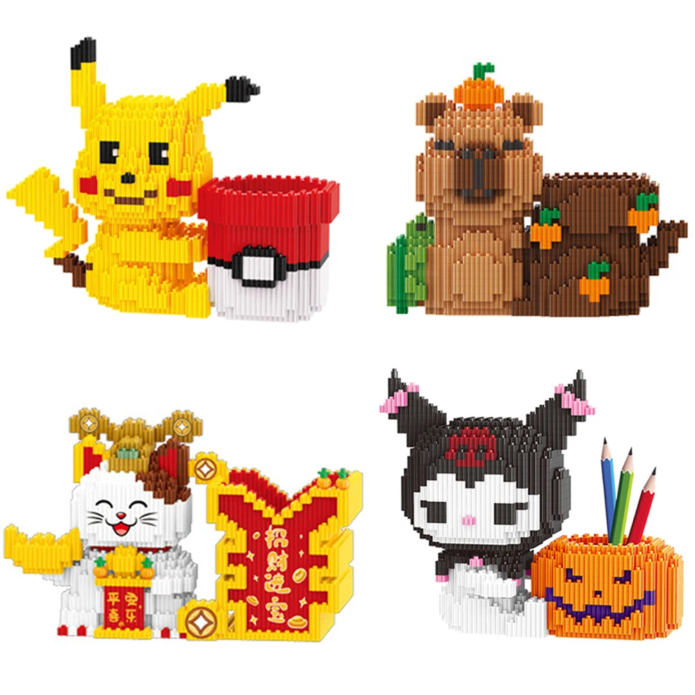 Kawaii Animal Connection Kuromi Pen Holder Building Block Capybara Maneki Neko Model Mini Bricks Figure Toy for Kids Santa Gift