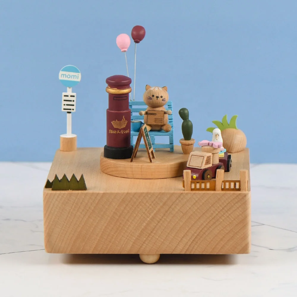 

Handmade The City Of The Sky Melody Music Box Cute Movable Train Wooden Music Boxes For Home Decor Travel Gift