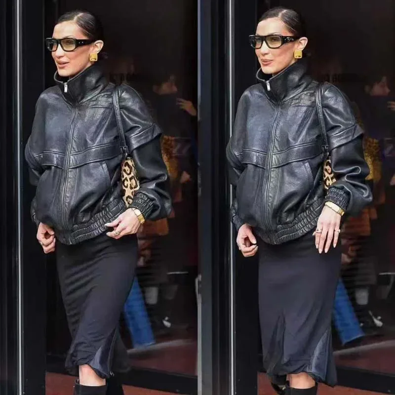 Women's Dark Brown Genuine Leather Bomber Jacket Real Lambskin Coat with Pockets Elastic Hem Clear Texture Casual Streetwear