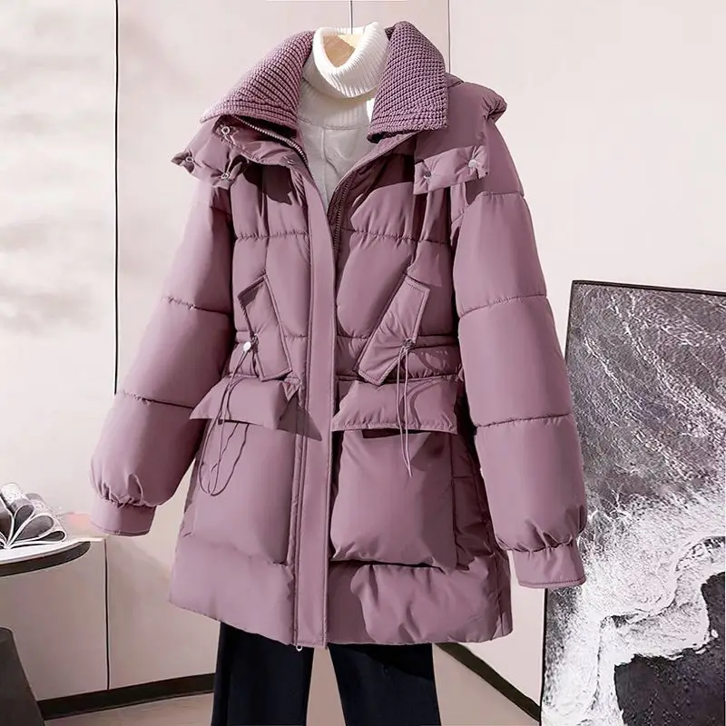 

Medium Long Women's Fashion Temperament Knit Lapel Loose Cotton-padded Jacket Winter All New Big Size Thin Girl Cotton Coat