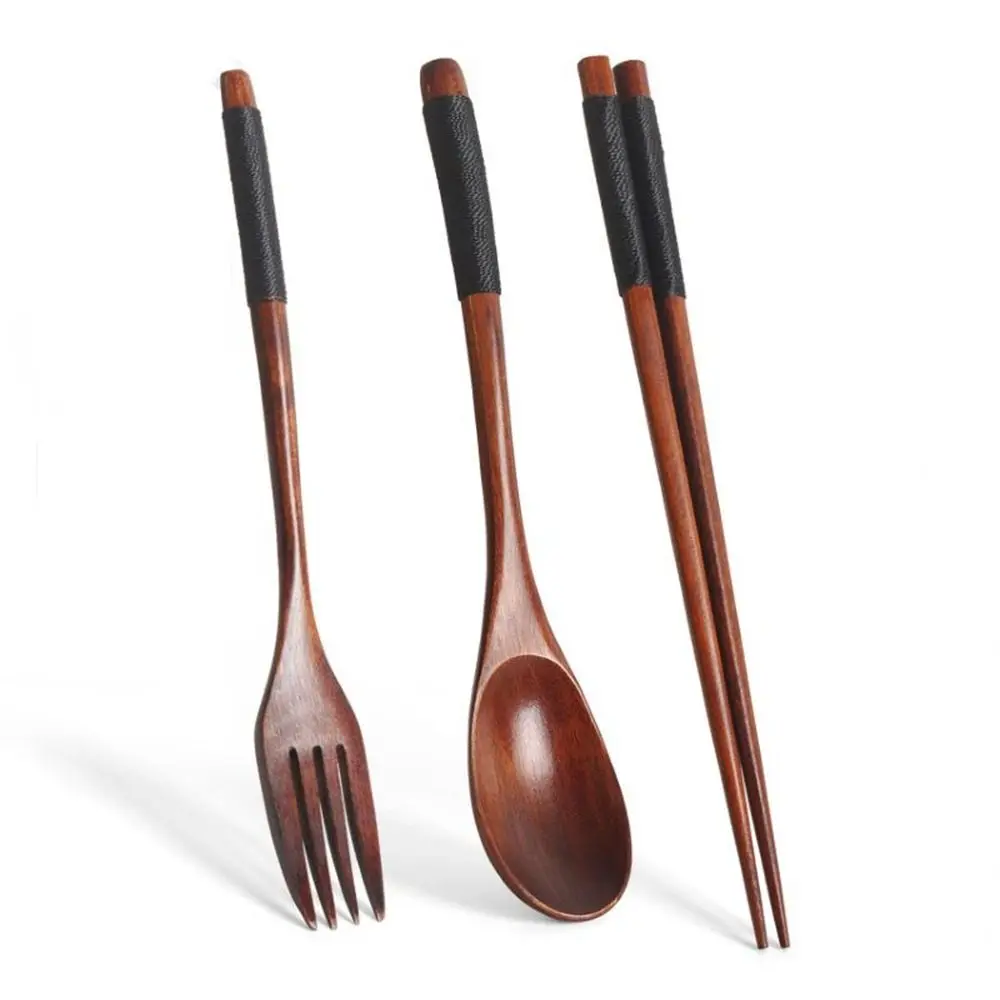 Portable Gift Home Wooden Handmade Natural Dinner Kit Fork Chopsticks Spoon Set Cutlery Utensils Sets Tableware