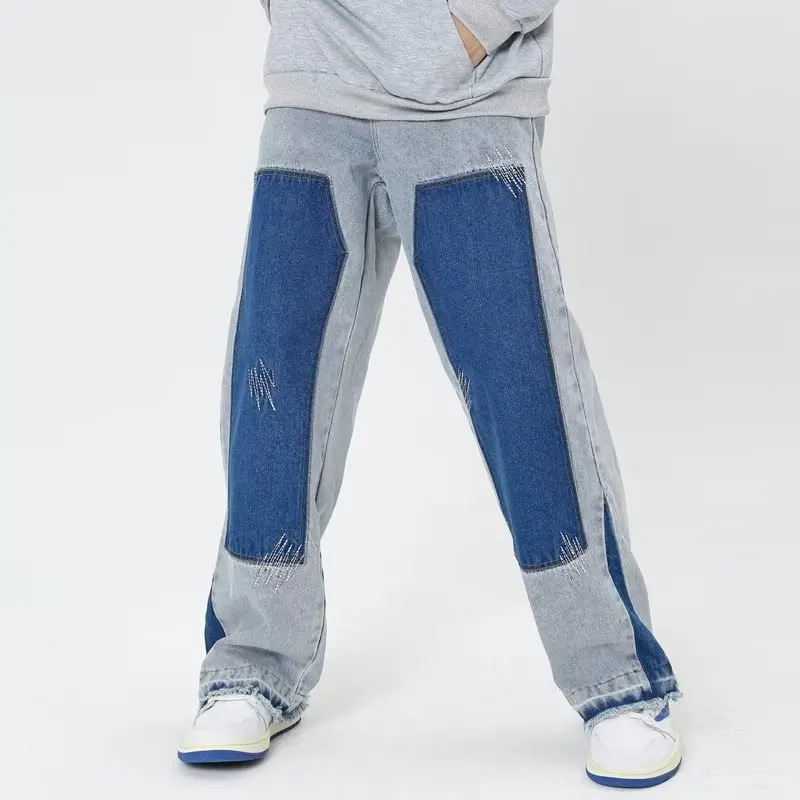 

Four Seasons Men's Casual Loose Wide Leg Washed Blue Jeans Pants High Street Daily Trendy Spliced Straight Denim Trousers Male