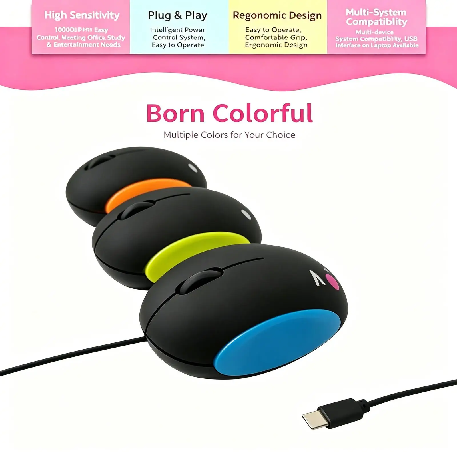 Cute Steamed Bun Wired Mouse, Type-C Adjustable Cable Silent Ergonomic Mouse, Plug And Play Mini Mice For Laptop Phone Tablet