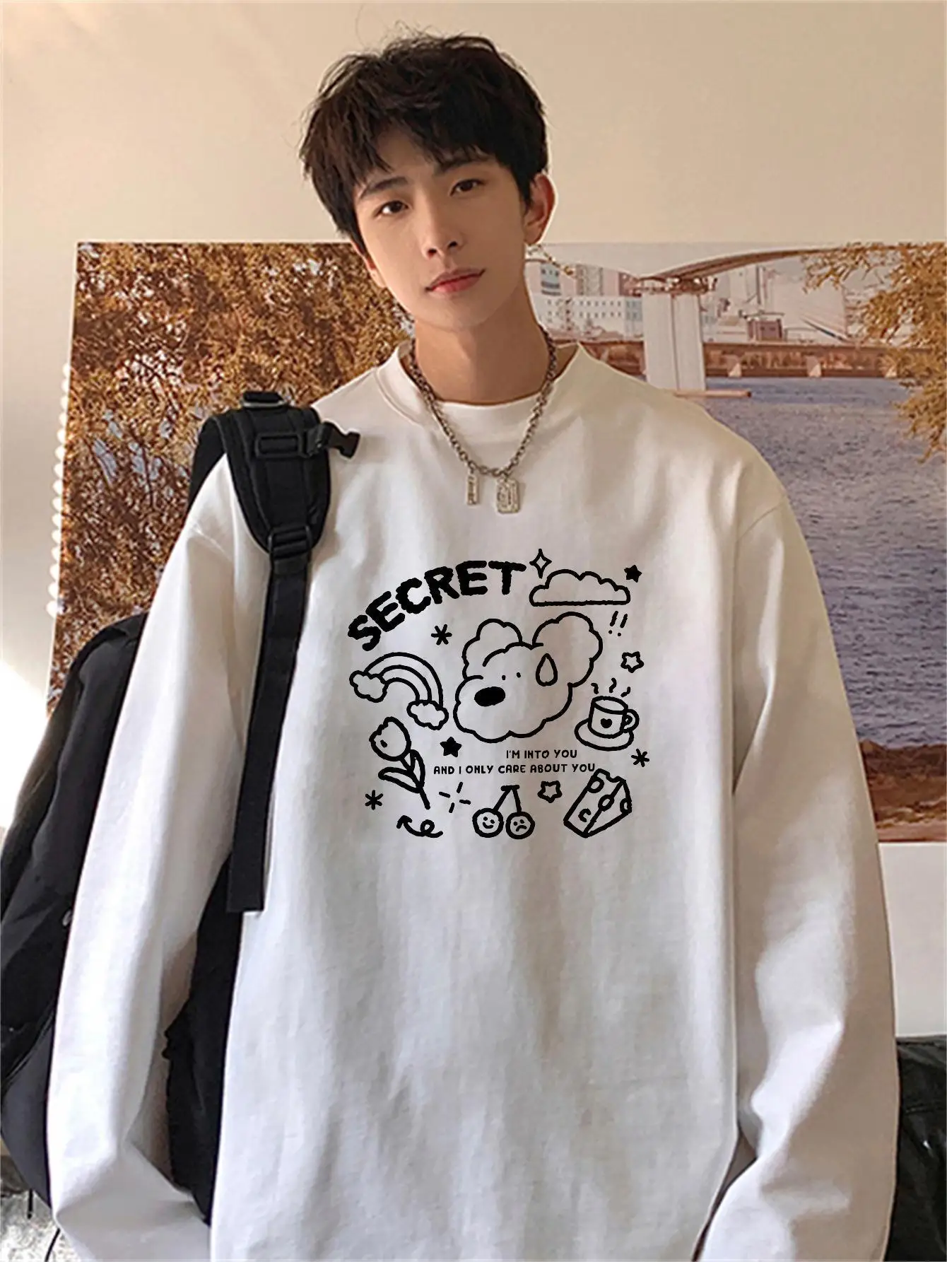 Korean Style Men Cotton T-shirts Hip Hop Puppy Rainbow Print Tops Long Sleeve Harajuku Y2k Unisex Clothing Designer Brand