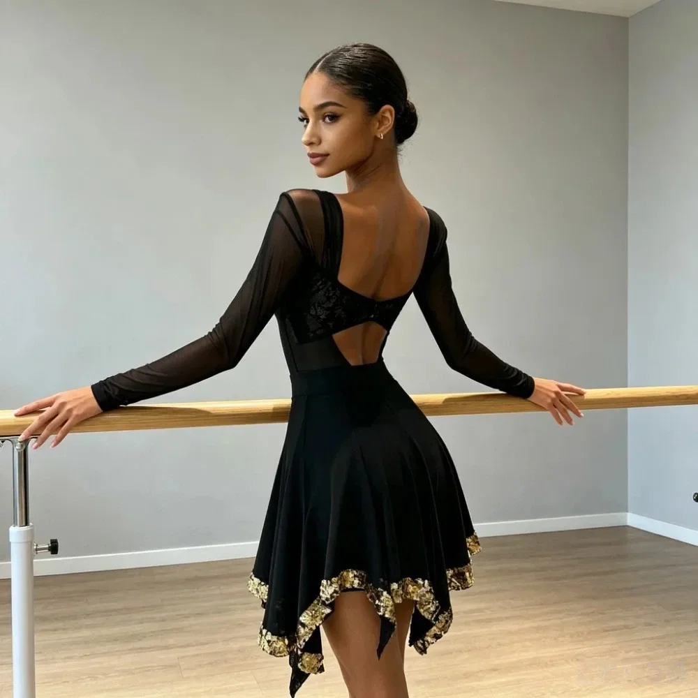 Women Latin Dance Dress Set Black Sexy Lace Mesh Top Split Suit Chacha Rumba Samba Adult Latin Dance Practice Competition Stage