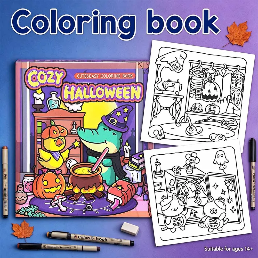Cozy Halloween Coloring Book for Adults Teens, Cute Witch Crocodile & Pumpkin Art, Stress Relief Relaxing Pages, 21x21cm