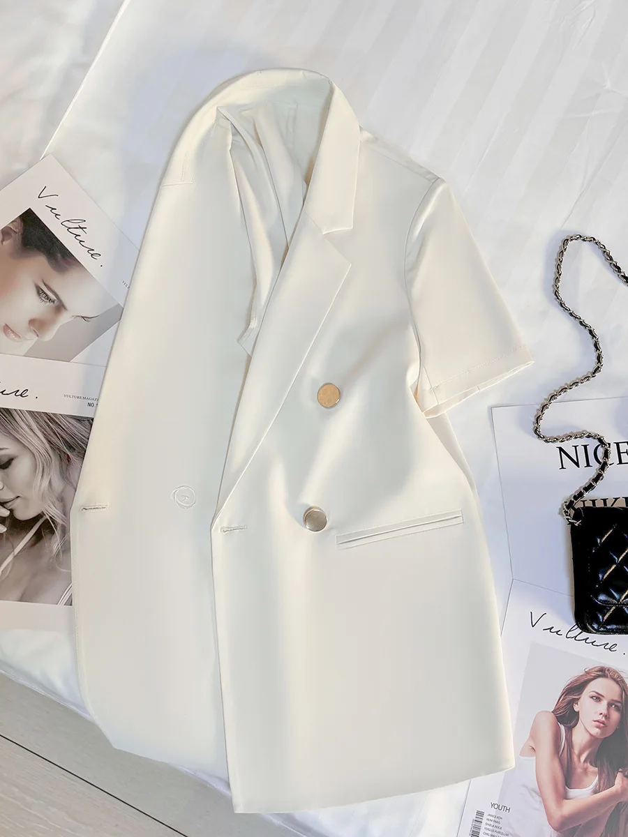 블레이저 여성용 루즈핏 오버사이즈 옐로우 블랙 코튼 패브릭 코트 신상 봄 여름 2025 올 슈트 한국 스타일 스트리트웨어