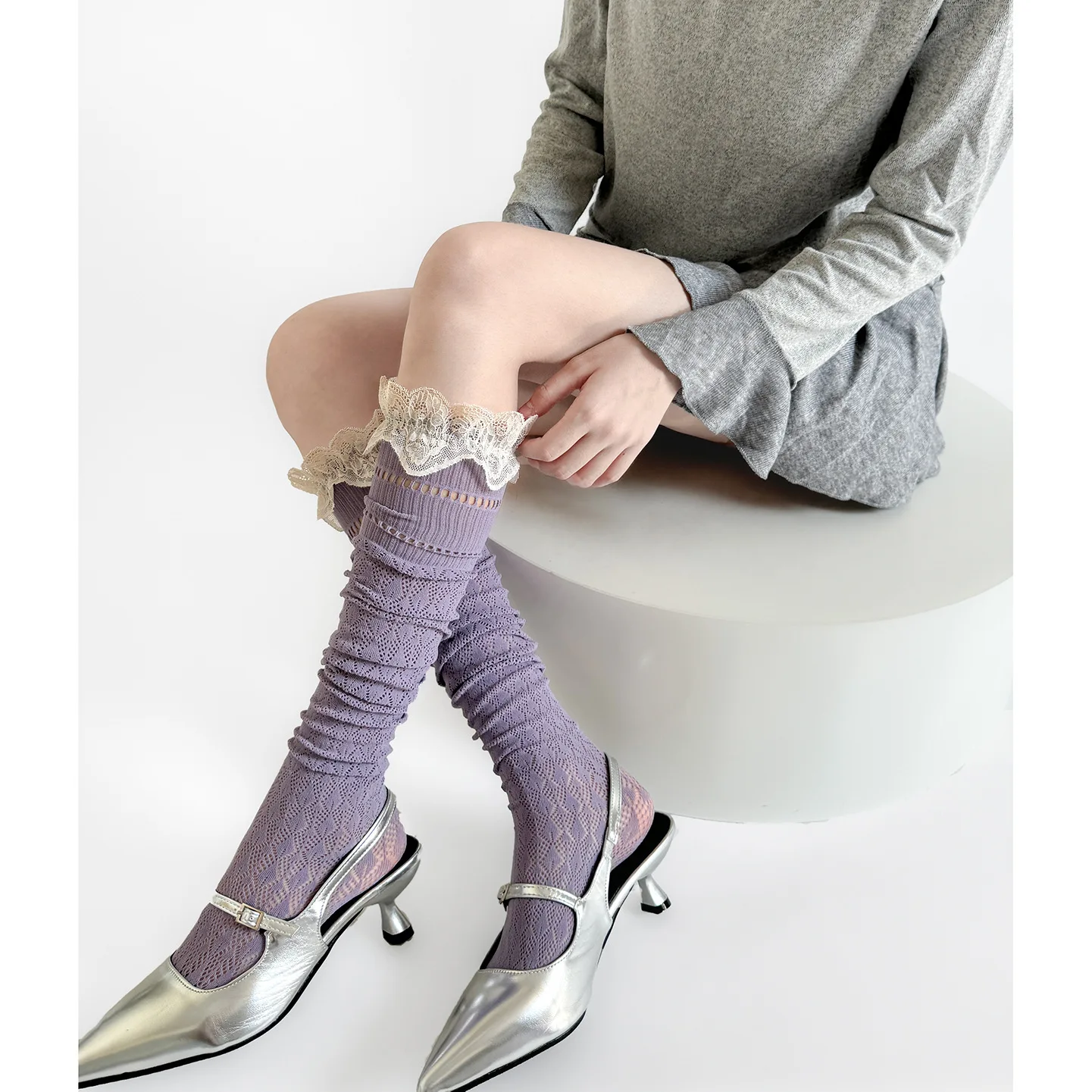 اليابانية الرجعية تفريغ الدانتيل جوارب للنساء بسيطة تنوعا المألوف الجوارب الطويلة الفتيات لوليتا JK جوارب طويلة إلى الركب #5