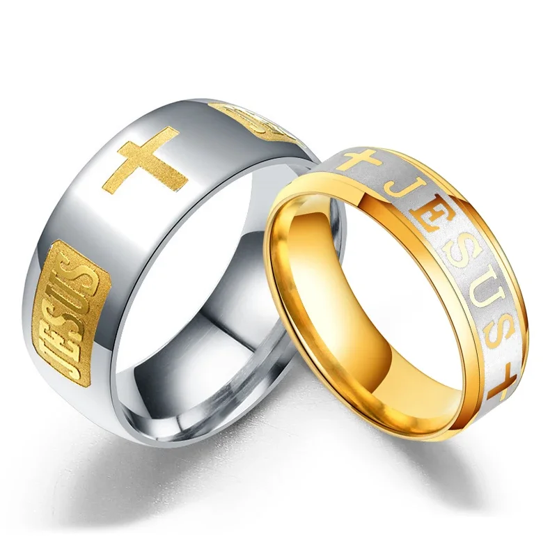 YWSHK 316 Titanium Steel Gold Color Christian Jesus Cross Ring Letter Bible Prayer Finger Rings For Men 8mm Amulet Jewelry Gift