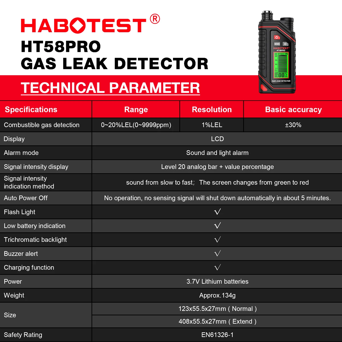 Habotest ht58pro detector de gás combustível com alarme de som e luz 0-9999ppm portátil recarregável testador de vazamento de gás combustível