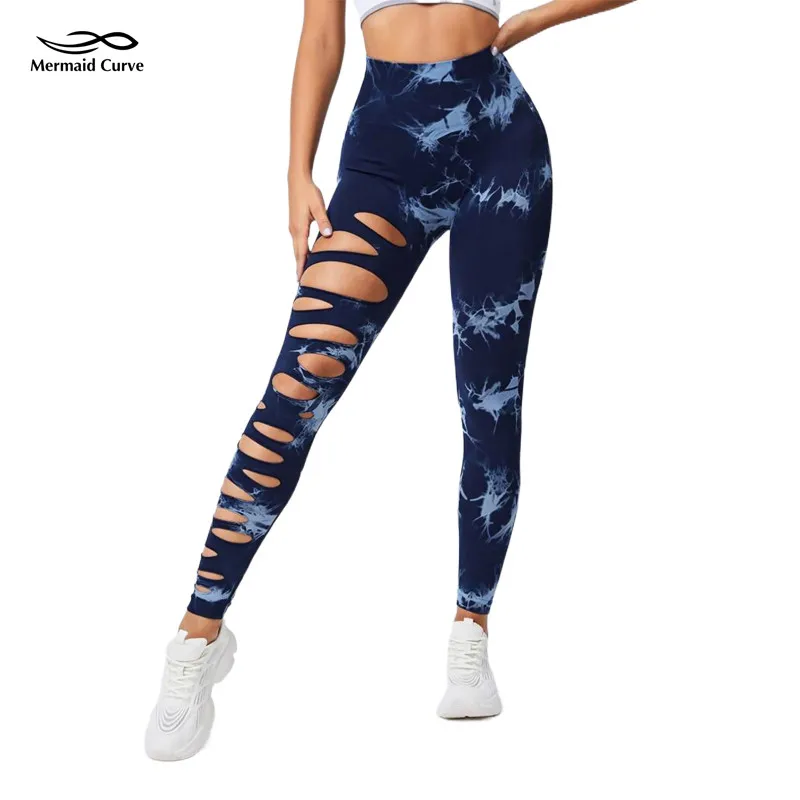 

Mermaid Curve Tie Dye Ladder Cut Out Wideband Waist Running Sports Leggings Gym Clothing Seamless Fabric Tight Fitness Pants