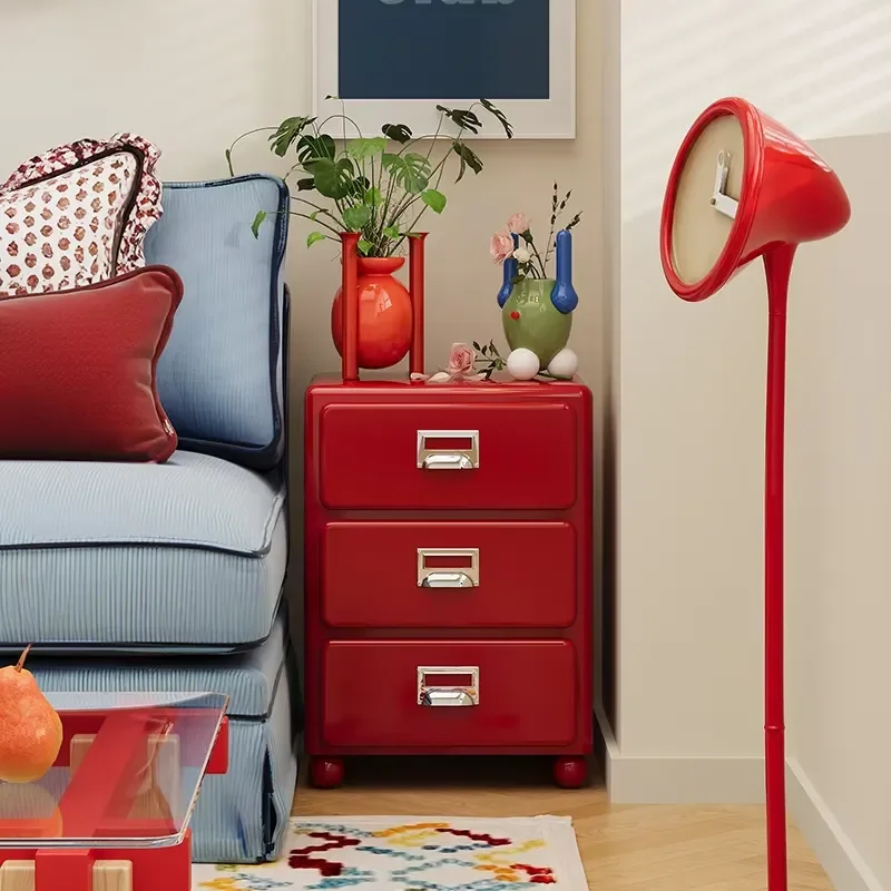 Retro red steel three-drawer cabinet, industrial style metal cabinet, suitable for attic decoration