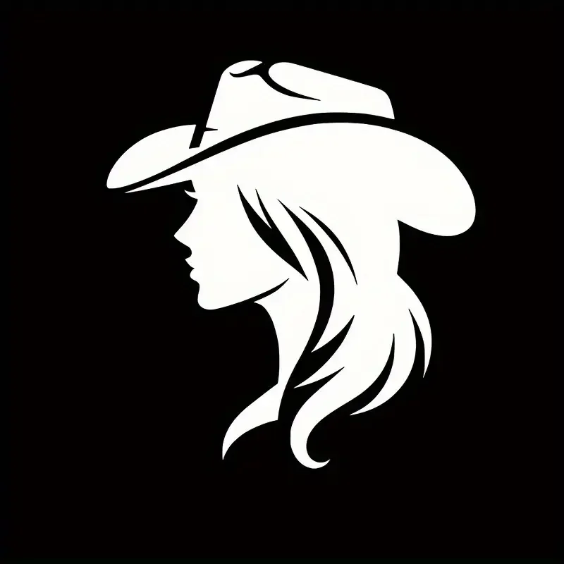 2D Flat, Western Cowgirl Vinyl Decal - Durable Self-Adhesive 2D Car Sticker with Black Silhouette, Flowing Hair & Cowboy Hat Des