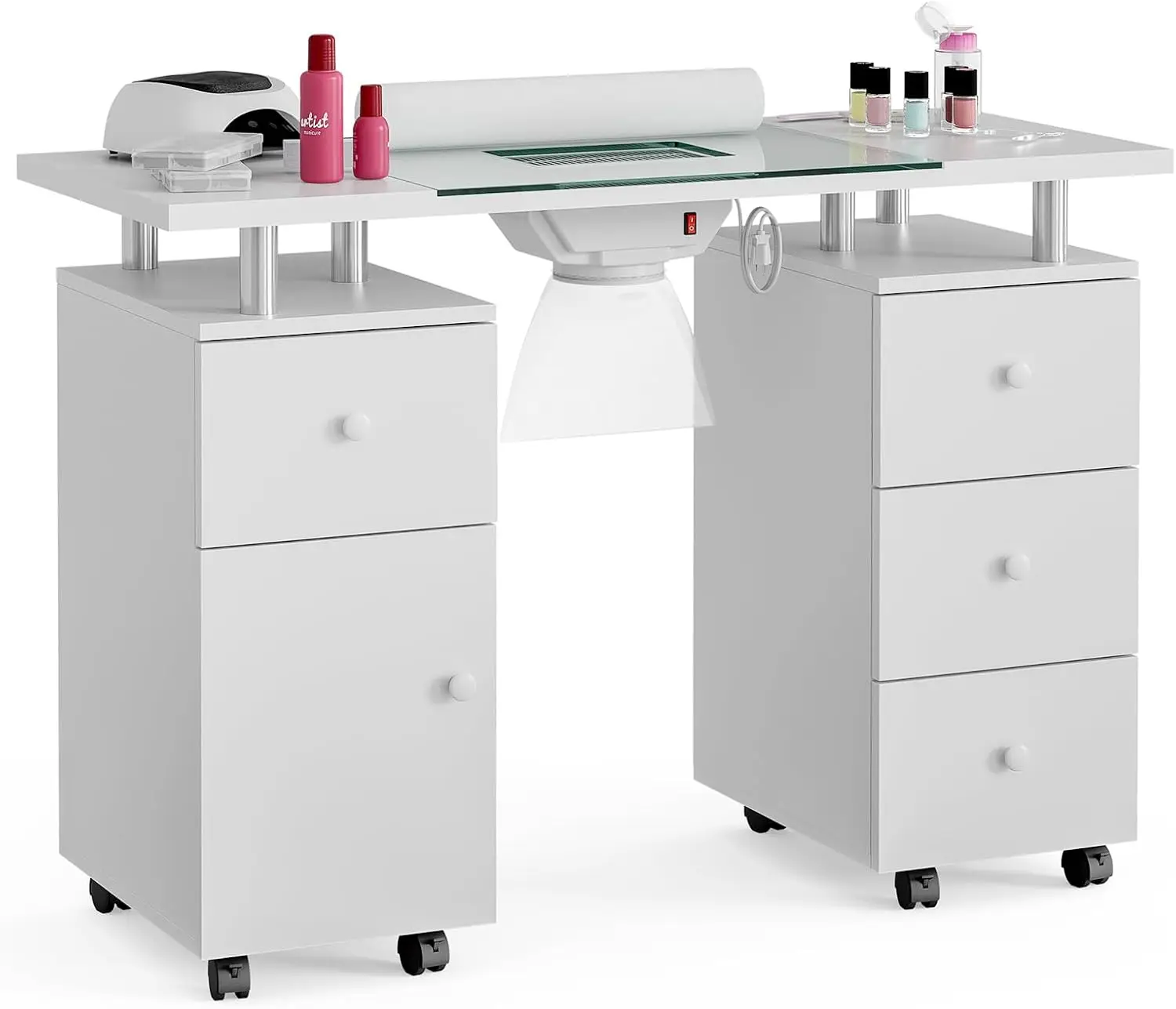 

Manicure Table, Glass Top Nail Tech Desk Nail Table Station for Nail Tech w/Electric Downdraft Vent, Wrist Cushion, Lockable