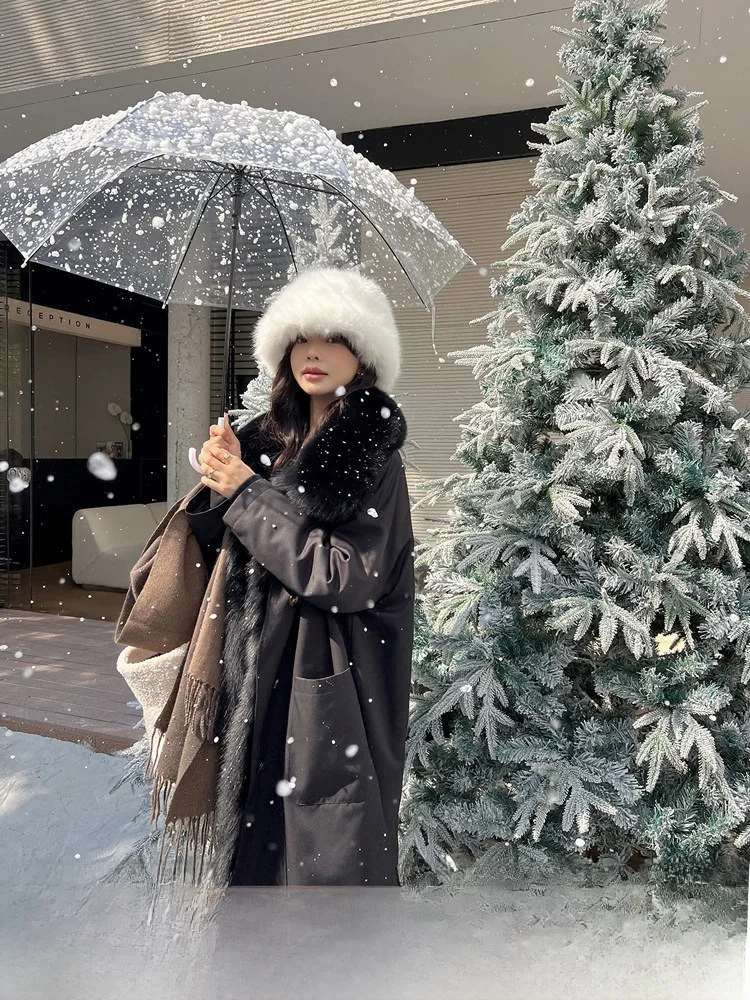 

Edinburgh Winter Fur Coat Women's Detachable Inner Anorak Sle Long Sve V Ne Loose Fit Korean Version