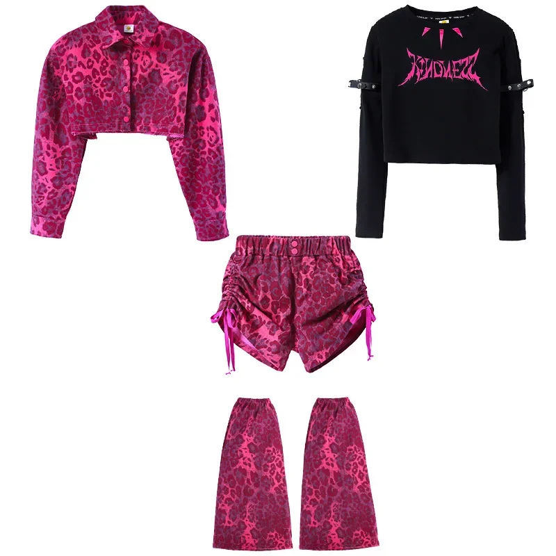 ملابس أداء رقص الجاز بدلات سرية ملابس بروفة المدرج للفتيات مجموعة من السراويل الوردية المطبوعة بطبعة الفهد لعمر 6-16 سنة #6