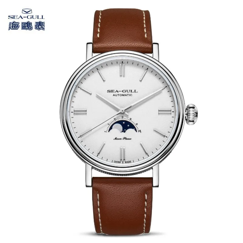 2024 New Seagull Automatic Mechanical Watch Moon Phase Leather Casual Business Wristwatch Mechanical Relojes Hombre 819.12.6136