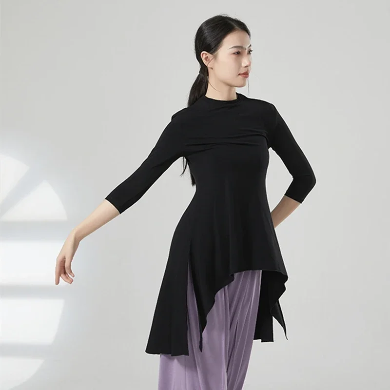 modern-dance-costume-women-middle-sleeve-shirt-irregular-split-long-hem-tee-tops-performance-line-dancewear-stage-clothes-hanfu