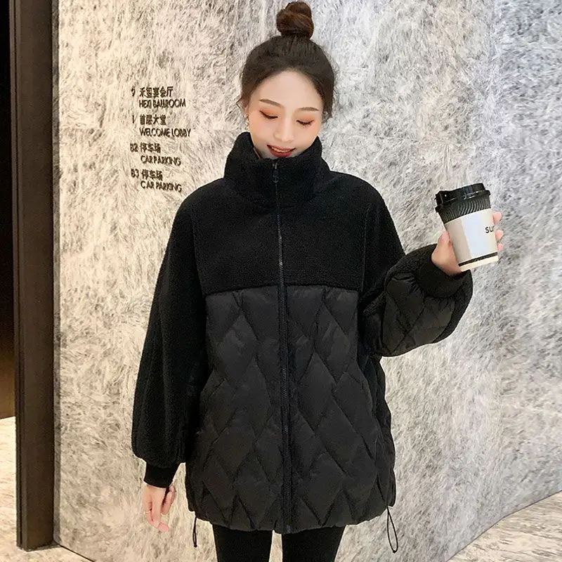 Autumn and Winter New Women's Oversized Down Cotton Jacket Commuter Lamb Wool Splicing Cotton Jacket