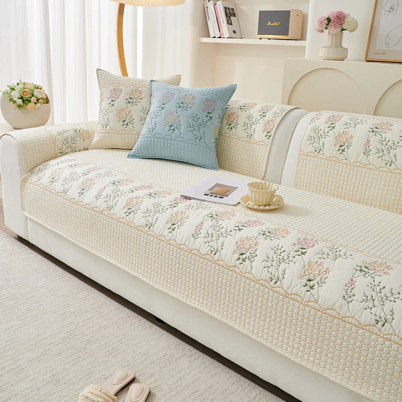 

2025 Embroidered Fabric Anti Slip Sofa Cover Fabric Creamy Style Living Room Washed Sofa Cushion All Season Universal Fashion