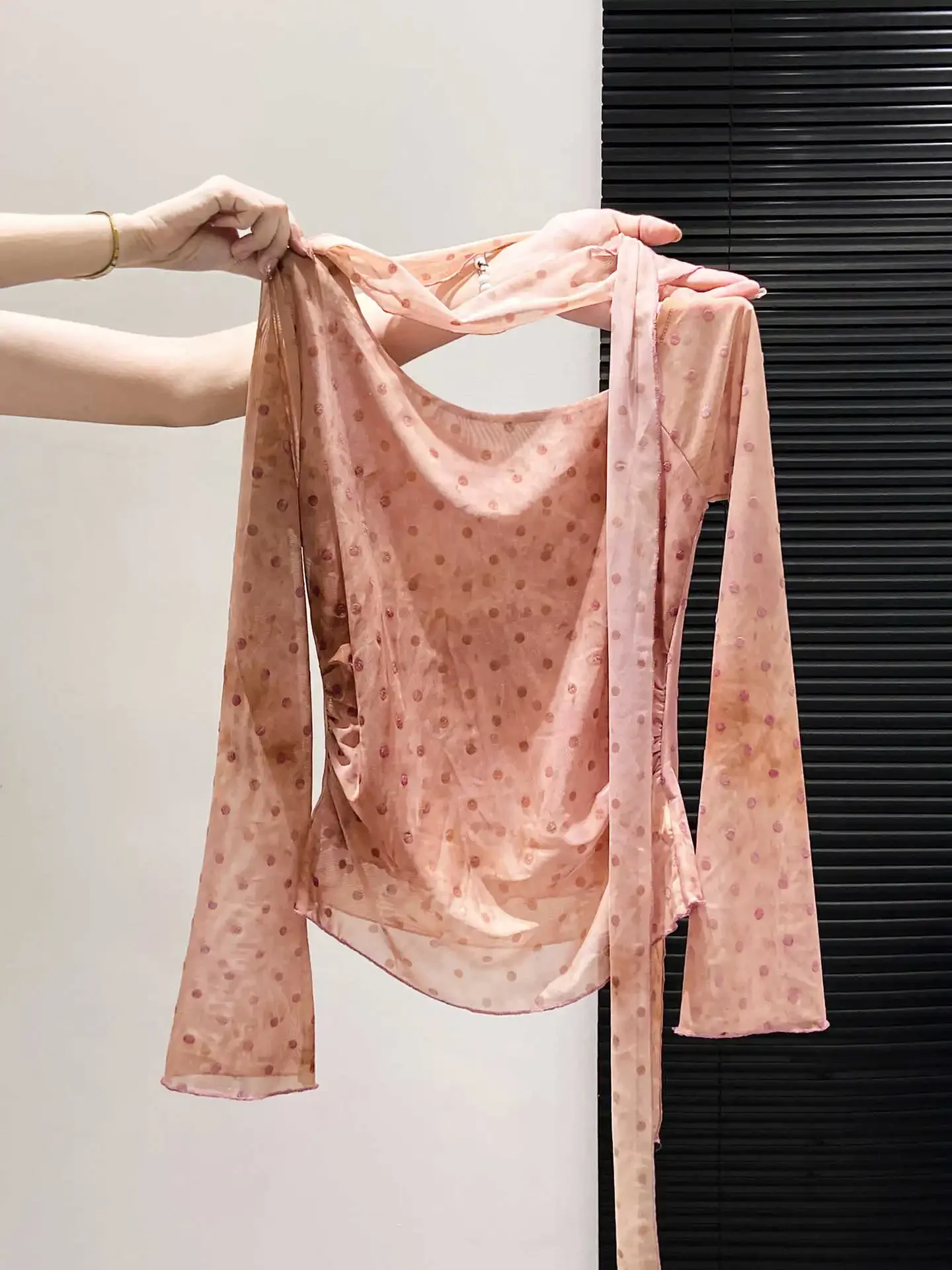 Tie-Dyed Design Sense Mesh Fabric Slanted Neck Tie Long-Sleeved T-Shirt For Women'S Early Autumn New Style