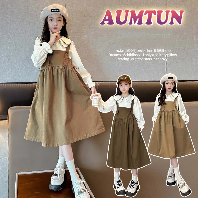 Korean Spring Autumn Kids Girl 2PCS Clothes Set Junior Girl Peter Pan Collar Undershirt+Suspender Skirt School Girl Sweet Suit