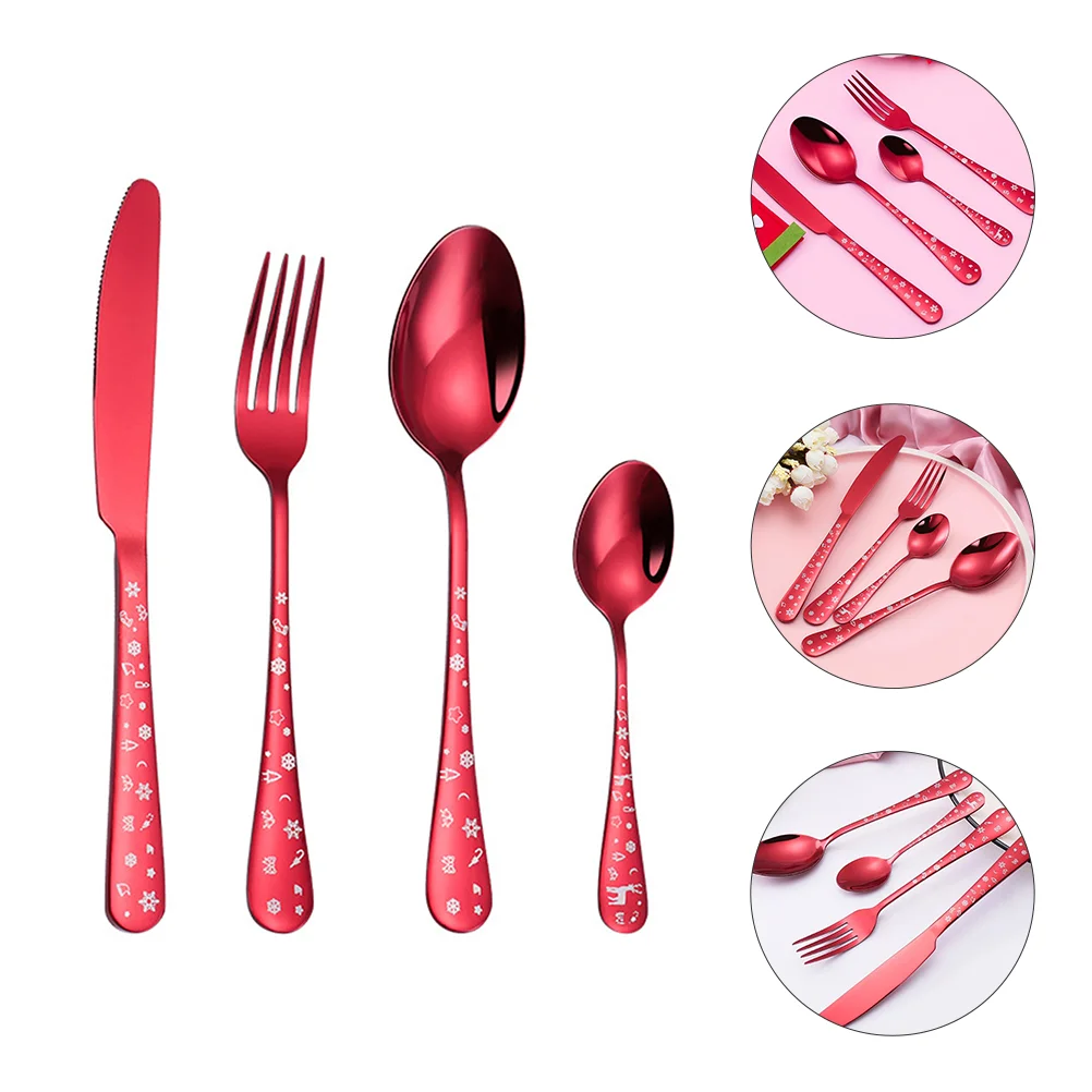 

Utensils Christmas Knife and Fork Four Pieces Flatware Kitchen Silverware Stainless Steel Sugar Spoon Dinnerware